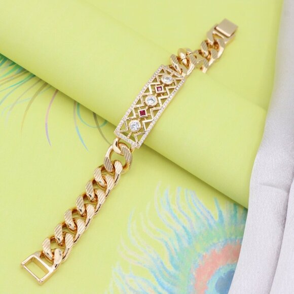 "Rose Gold Cuban Link Bracelet with Geometric and Stone Detailing, XPBL0794 - Picture 1 of 12
